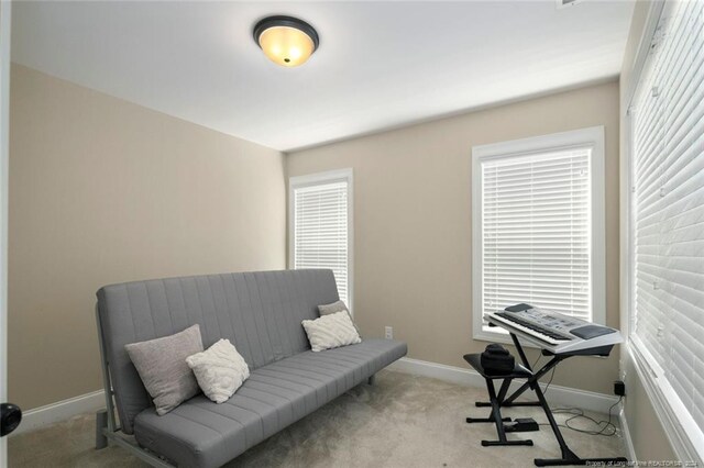 living area featuring light colored carpet