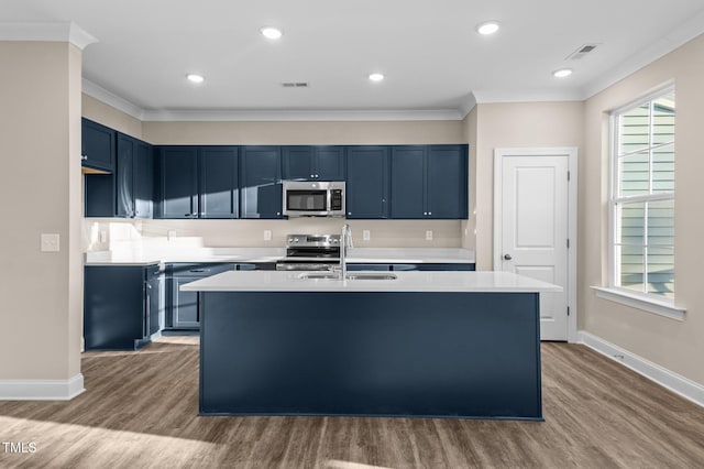 kitchen with stainless steel appliances, a kitchen island with sink, sink, blue cabinetry, and wood-type flooring