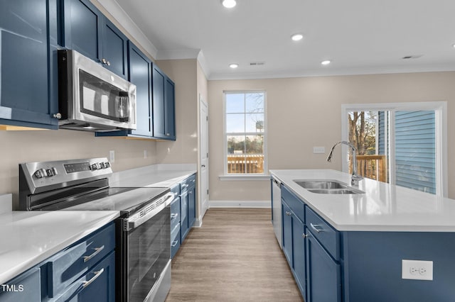 kitchen with blue cabinetry, stainless steel appliances, ornamental molding, and sink