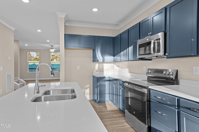 kitchen featuring blue cabinetry, appliances with stainless steel finishes, crown molding, and sink