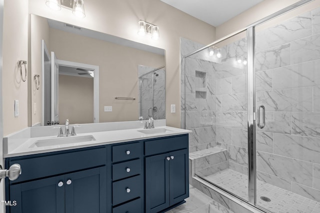 bathroom featuring vanity and walk in shower