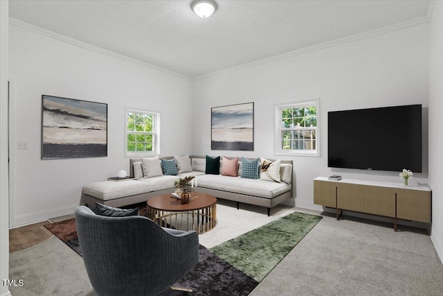 living room with crown molding and light wood-type flooring