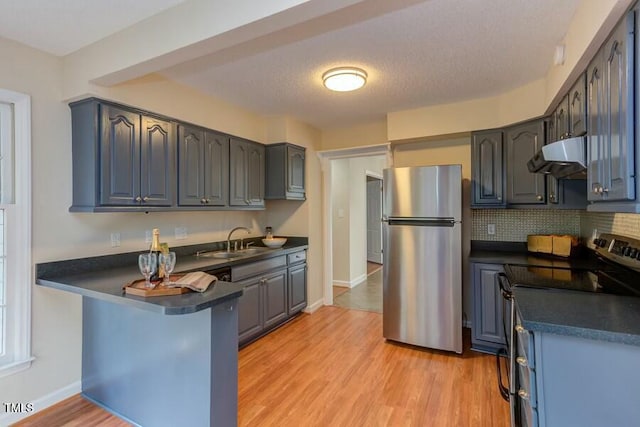 kitchen with dark countertops, under cabinet range hood, light wood-type flooring, appliances with stainless steel finishes, and a sink