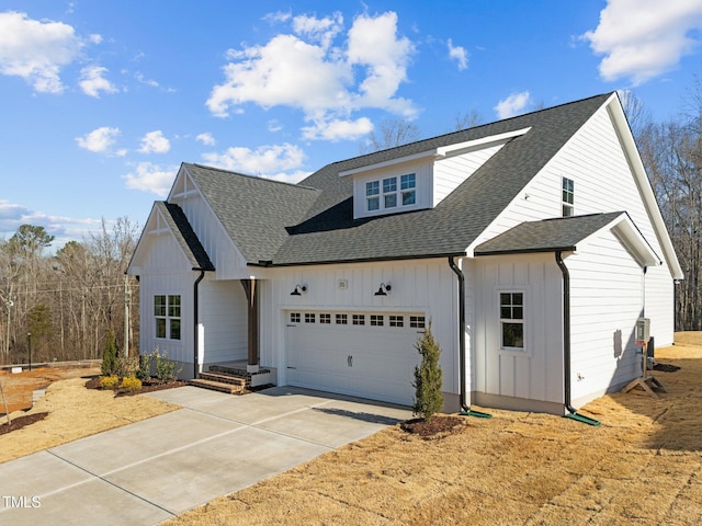 modern farmhouse style home featuring a garage