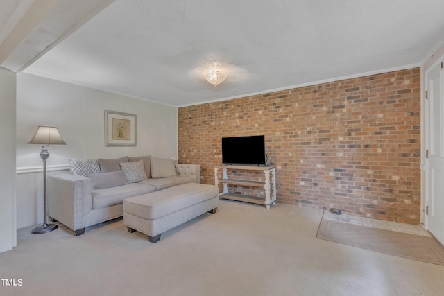 living room featuring brick wall and ornamental molding