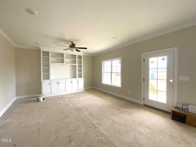 interior space featuring crown molding and ceiling fan