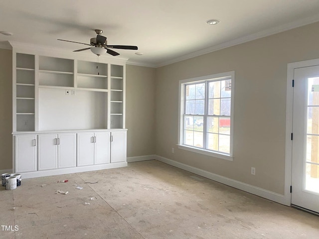 unfurnished living room with crown molding and ceiling fan