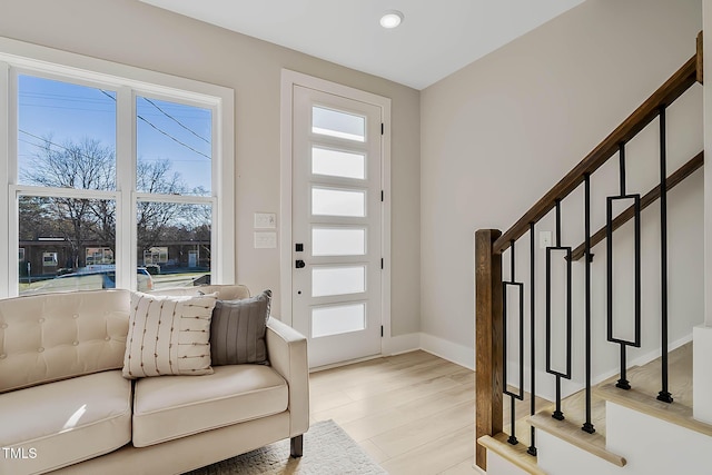 2401 E Main St, Durham, NC 27703 - foyer with light wood-style flooring, stairway, and recessed lighting