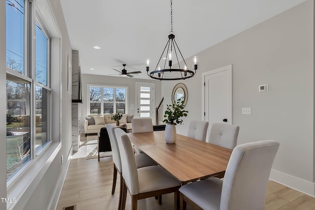2401 E Main St, Durham, NC 27703 - dining area featuring a chandelier, ceiling fan, recessed lighting, and light wood-type flooring