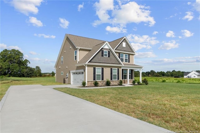 craftsman-style home with a garage and a front lawn