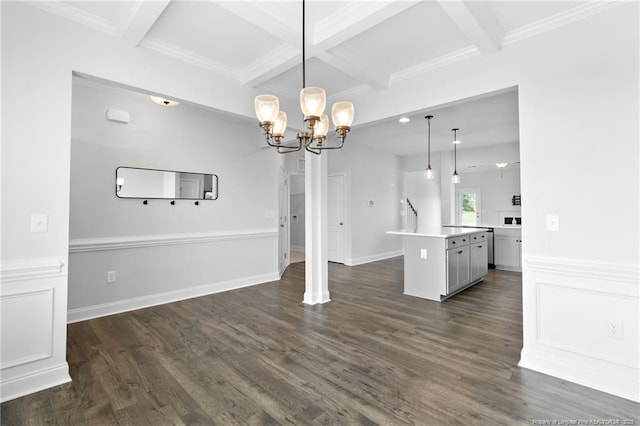 interior space featuring beamed ceiling, coffered ceiling, dark wood-type flooring, and crown molding