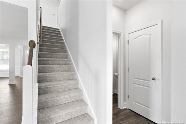 stairs featuring hardwood / wood-style flooring