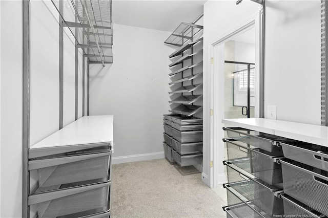 walk in closet featuring light colored carpet