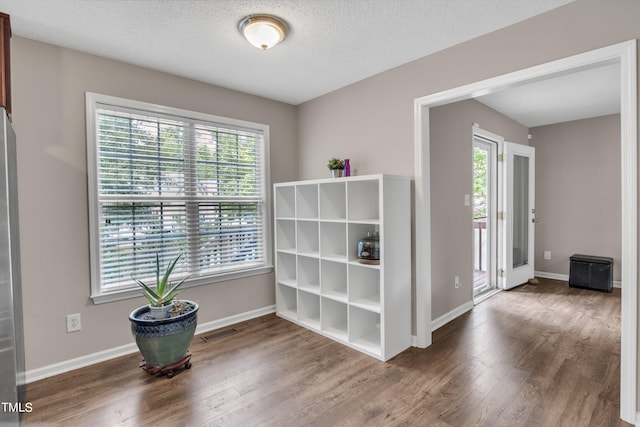 interior space with dark hardwood / wood-style flooring, a textured ceiling, and a healthy amount of sunlight