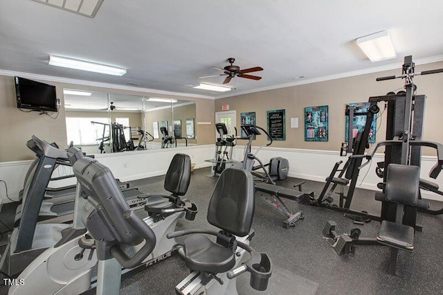 workout area featuring a ceiling fan and ornamental molding