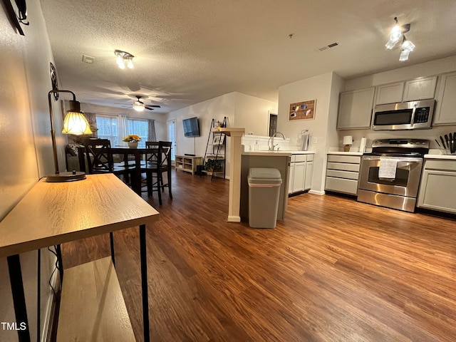 kitchen with stainless steel appliances, kitchen peninsula, dark hardwood / wood-style floors, a textured ceiling, and ceiling fan