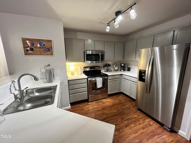 kitchen with gray cabinetry, stainless steel appliances, track lighting, dark hardwood / wood-style flooring, and sink