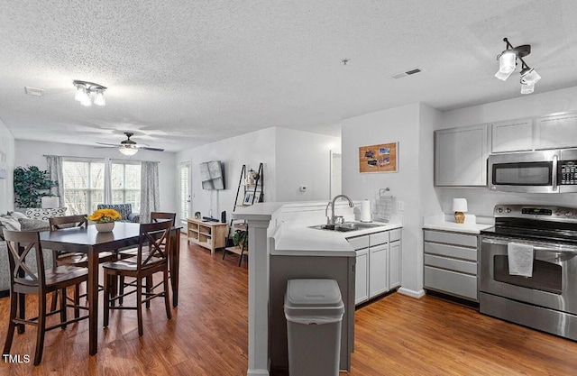 129 Sturbridge Dr Unit 15, Clayton, NC 27520 - kitchen with stainless steel appliances, a sink, a peninsula, a textured ceiling, and gray cabinets