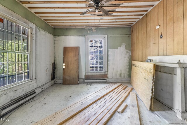 miscellaneous room featuring ceiling fan and wood walls