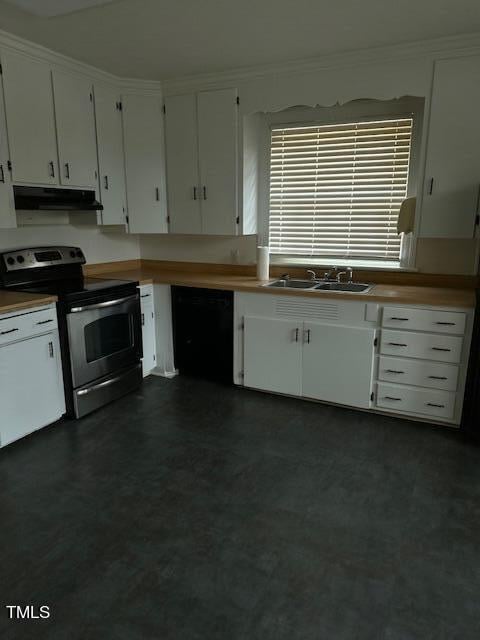 kitchen featuring black dishwasher, sink, stainless steel electric stove, and white cabinetry