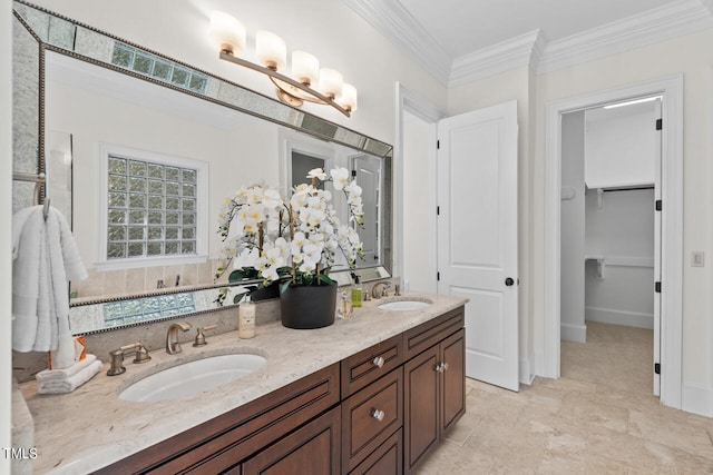 bathroom with vanity and crown molding