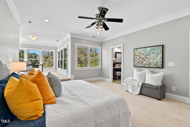 bedroom featuring light carpet, multiple windows, ornamental molding, and ceiling fan