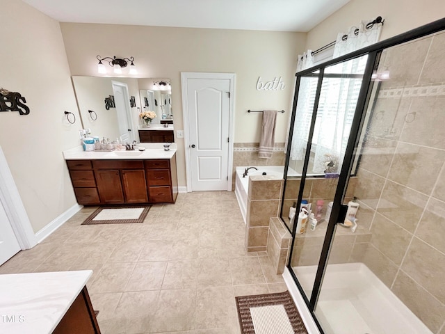 bathroom featuring vanity, shower with separate bathtub, and tile patterned flooring