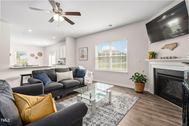 living room featuring ceiling fan and dark hardwood / wood-style floors