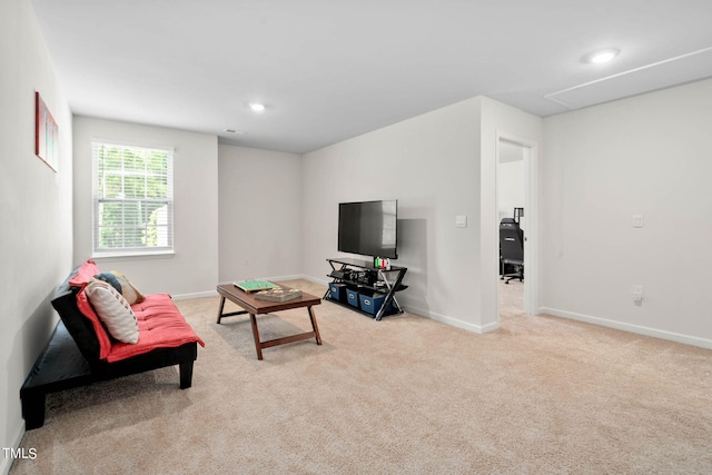 living room with light colored carpet