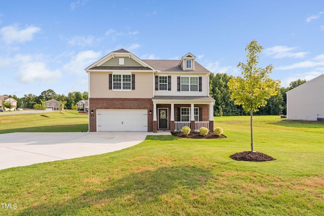 craftsman-style house with covered porch, a front yard, and a garage