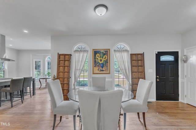 dining space with light hardwood / wood-style flooring