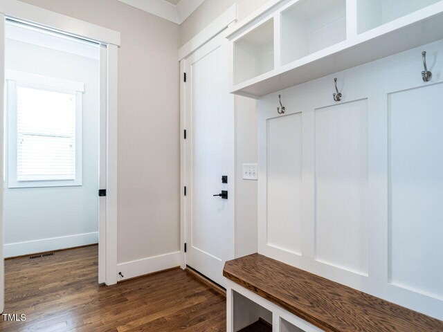 mudroom with dark hardwood / wood-style flooring