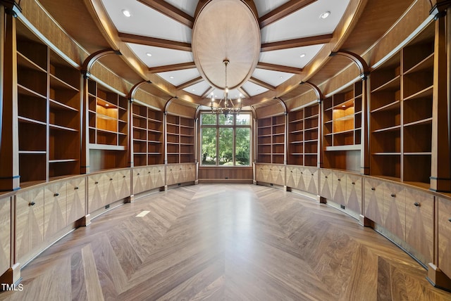 unfurnished room featuring beam ceiling, built in features, and recessed lighting