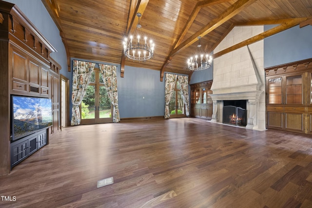 unfurnished living room featuring wooden ceiling, a notable chandelier, wood finished floors, and high vaulted ceiling