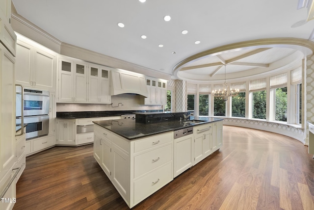 kitchen featuring paneled dishwasher, stainless steel double oven, custom exhaust hood, dark wood-style flooring, and a sink