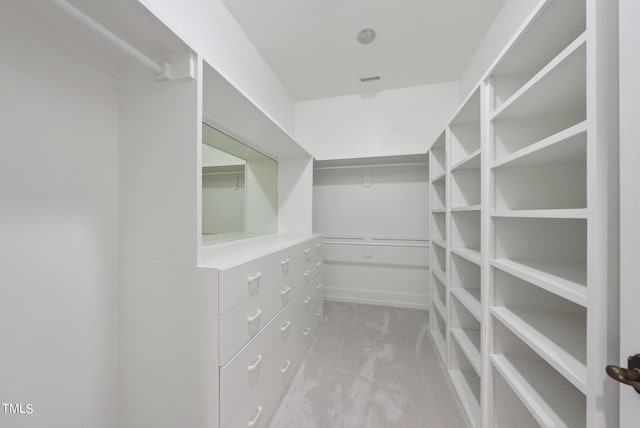 walk in closet with light colored carpet