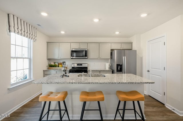 kitchen featuring dark wood-type flooring, stainless steel appliances, a center island with sink, and sink