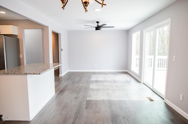 interior space with ceiling fan with notable chandelier, plenty of natural light, and light hardwood / wood-style floors