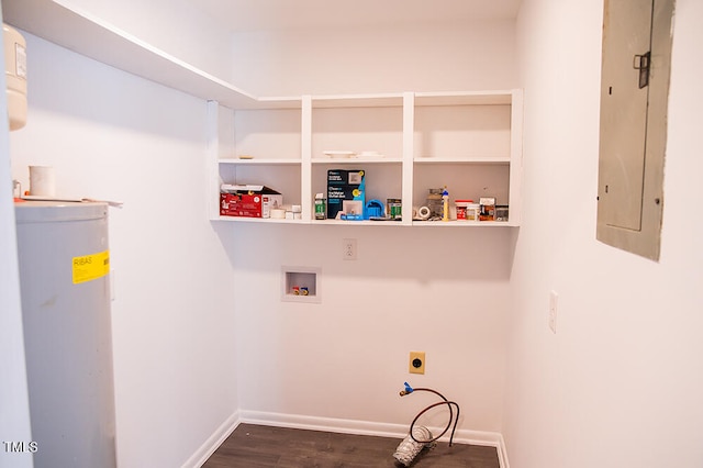 laundry room featuring hookup for a washing machine, electric panel, electric dryer hookup, dark hardwood / wood-style floors, and water heater