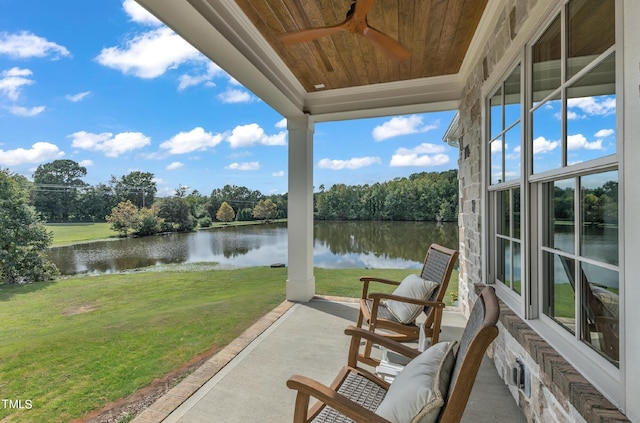 view of patio / terrace with a water view and ceiling fan