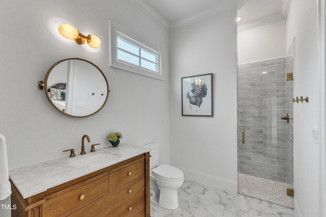 bathroom featuring ornamental molding, an enclosed shower, vanity, and toilet