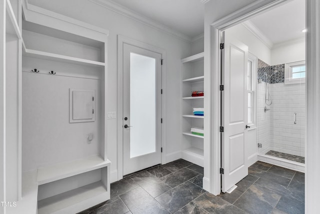 mudroom featuring built in shelves and ornamental molding