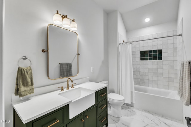 full bathroom with shower / bath combo, vanity, and toilet