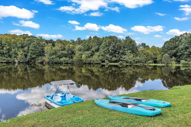 view of dock with a water view and a lawn