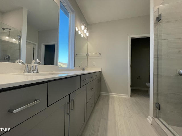 bathroom with vanity, a shower with shower door, and toilet