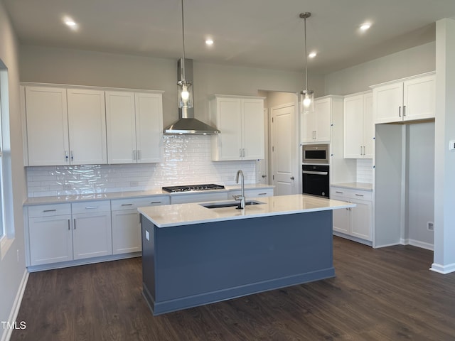 kitchen featuring white cabinets, wall chimney range hood, sink, an island with sink, and stainless steel appliances