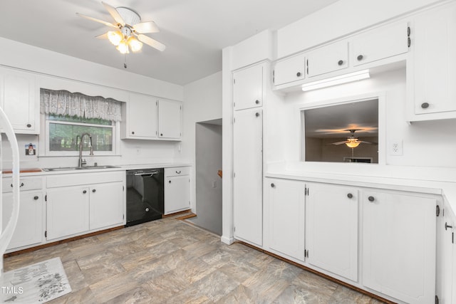 kitchen with black dishwasher, ceiling fan, sink, and white cabinets