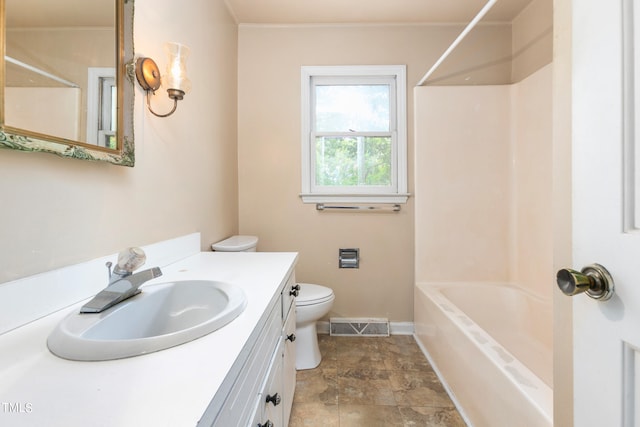 full bathroom with vanity, toilet, and shower / washtub combination