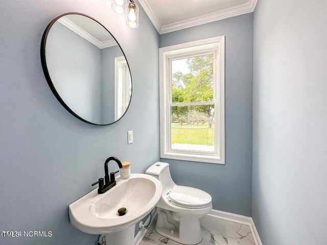 bathroom with crown molding, toilet, and sink