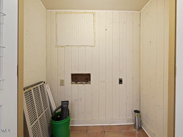 washroom featuring hookup for a washing machine, wooden walls, and hookup for an electric dryer